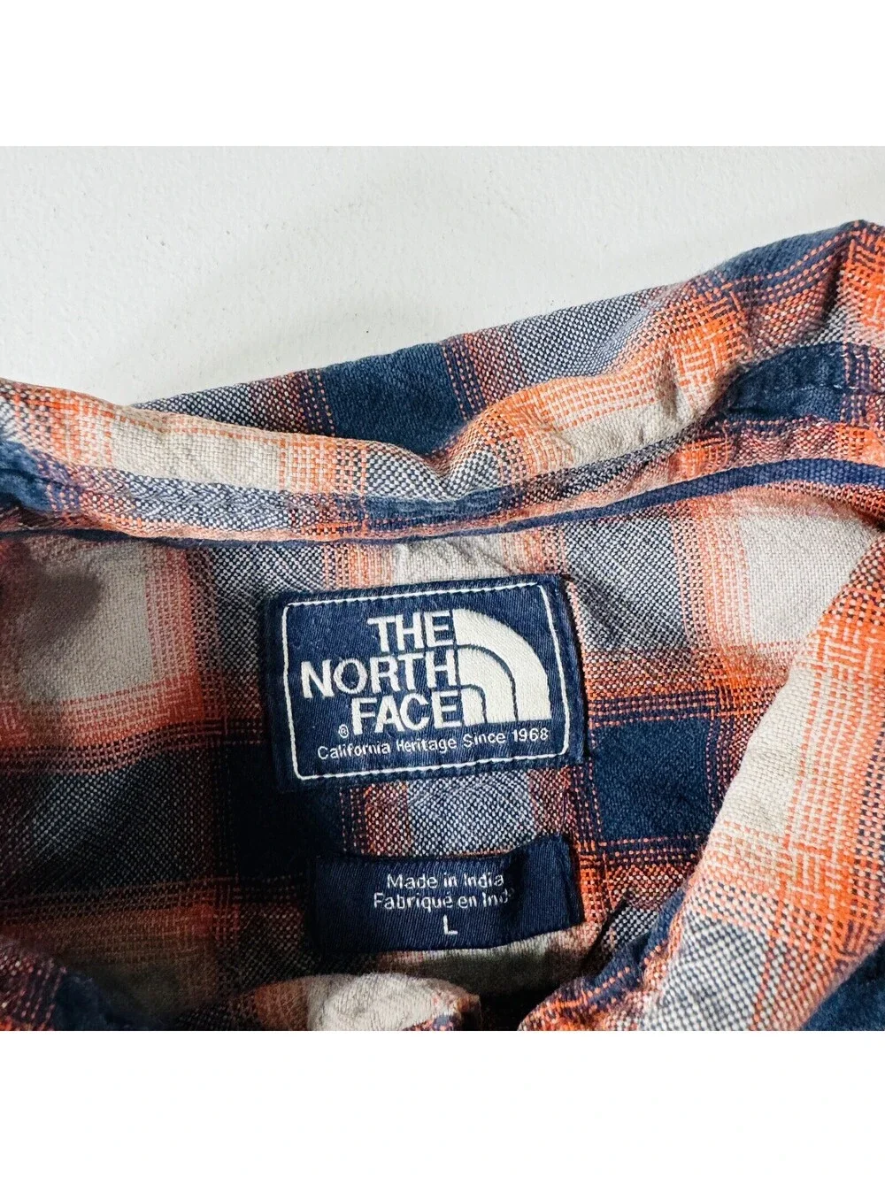 The North Face Button Down Shirt Short Sleeve Blue Orange Plaid Men’s Size Large